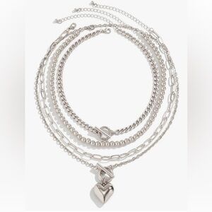 4Pcs Chunky Silver Layered Heart Pendant Dainty Necklace Jewelry Set